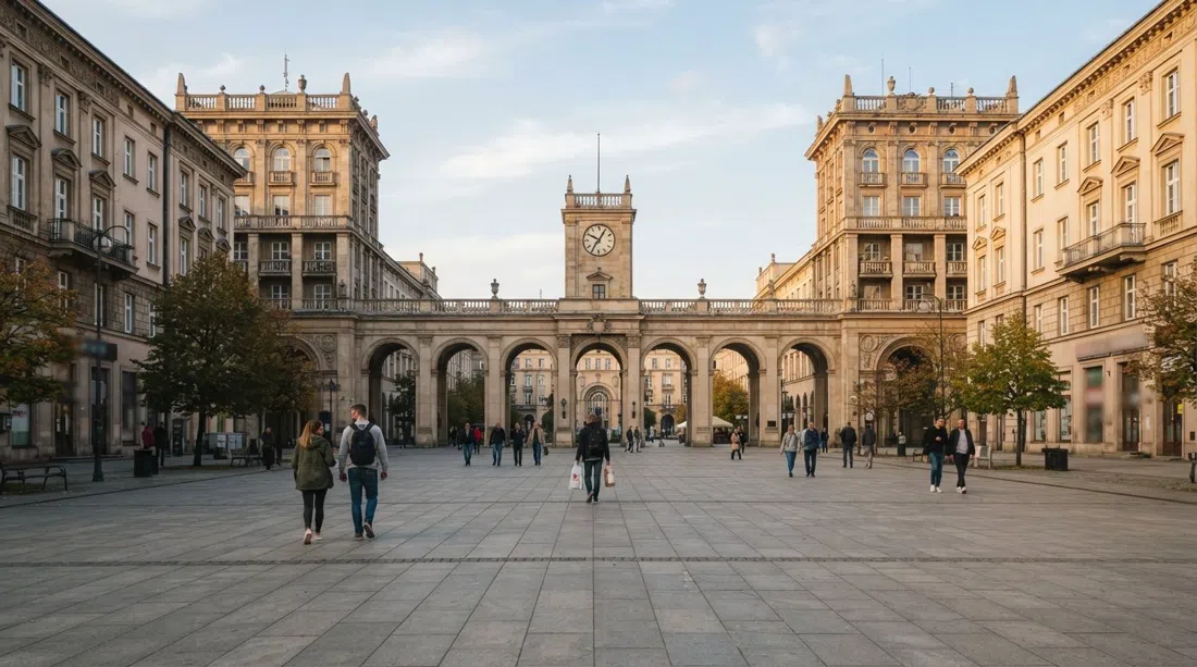 Plac Centralny in Nowa Huta, Krakow, with its monumental socialist-realist arcades and broad open square under soft afternoon light