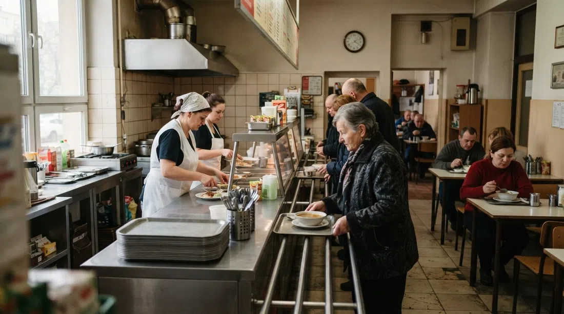 the counter and simple dining room of Bar Mleczny Centralny on Plac Centralny, with stainless-steel trays, laminated menus and early-morning light