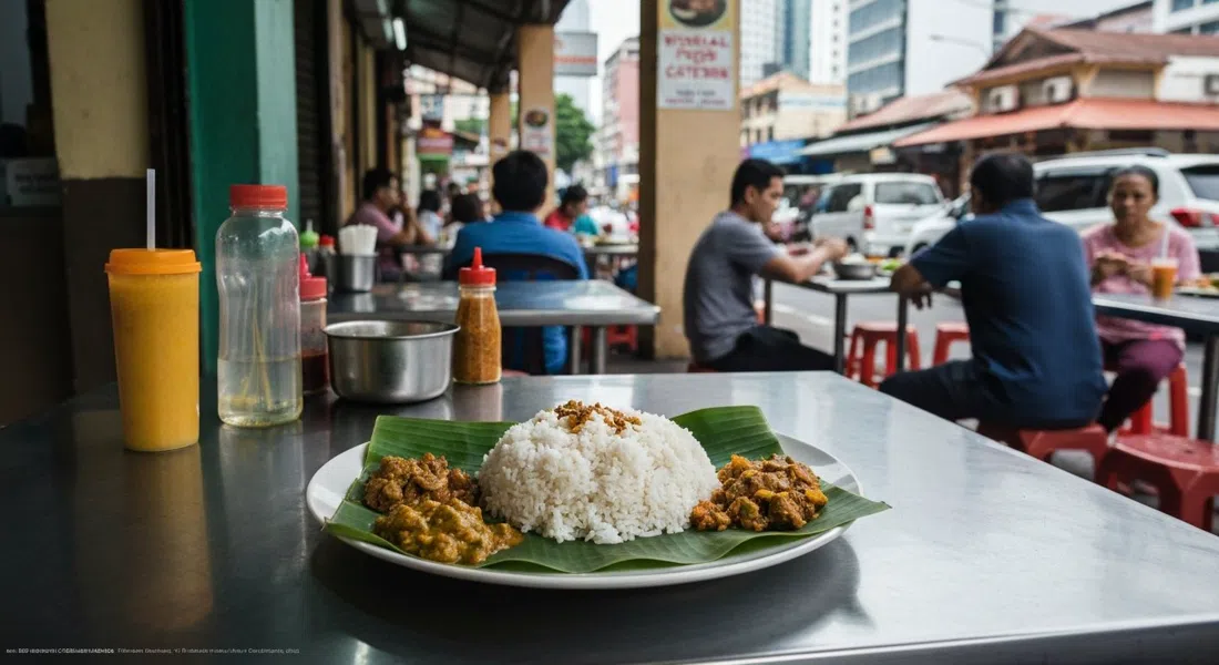 a banana-leaf lunch at Vishal Food & Catering on Jalan Scott, rice and curries spread across a green leaf on a stainless-steel table at busy lunchtime