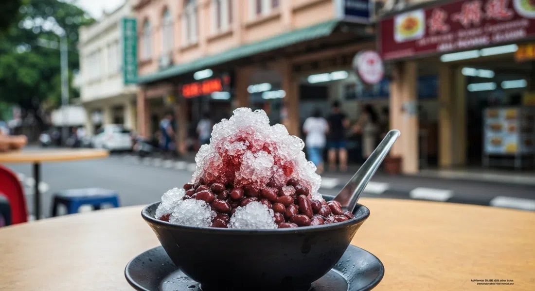 a frosty bowl of ais kacang at Ah Keong’s ABC & Cendol on Jalan Padang Belia, crushed ice, red beans and syrup in a close-up tabletop shot
