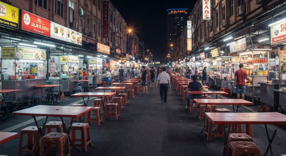 Jalan Alor at night with rows of plastic tables, glowing grill smoke and hawker stalls under neon signs