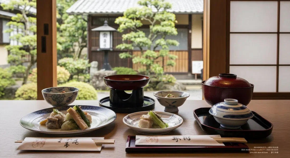 a shojin-ryori course at Shigetsu in Tenryu-ji, delicate vegetarian dishes arranged on lacquerware with the garden light beyond the window