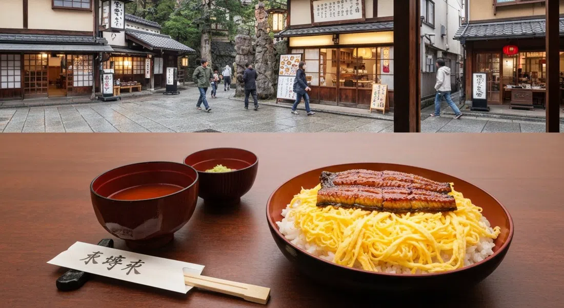 Kyogoku Kaneyo’s kinshi-don on a lacquered table, glossy eel and pale shredded omelette over rice in a traditional Kyoto restaurant setting