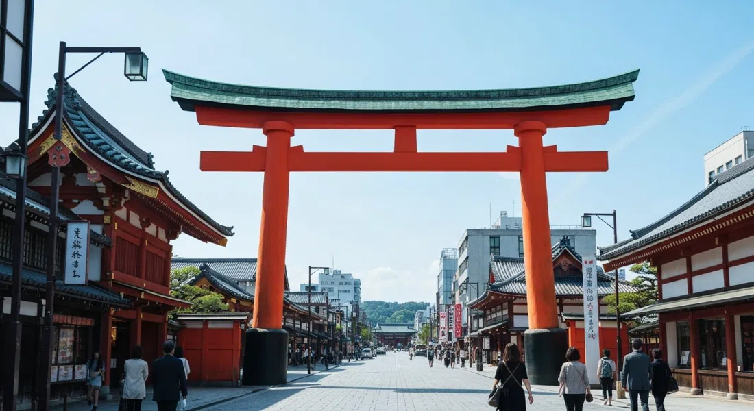 Heian-jingu’s giant vermilion Otorii gate spanning the broad boulevard in Okazaki, Kyoto, with museum façades and open sky behind it at midday