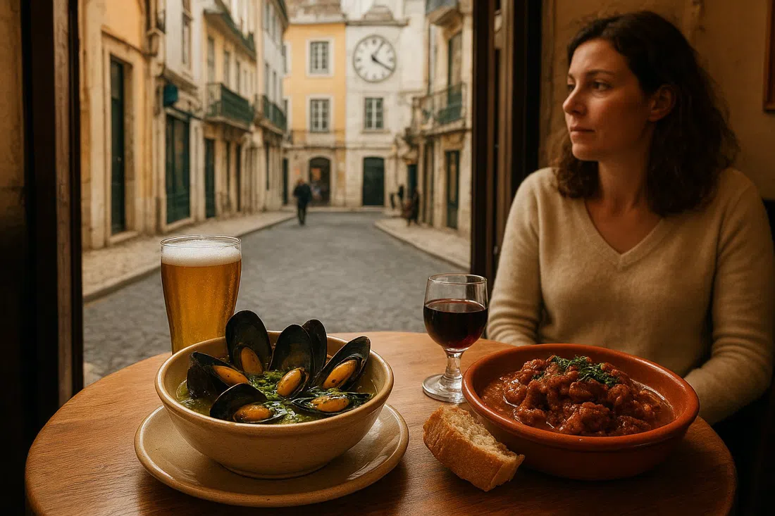 a tight petiscos table at Tapa Bucho on Rua dos Mouros, bowls of mexilhões à Bulhão Pato and pica-pau under warm indoor light