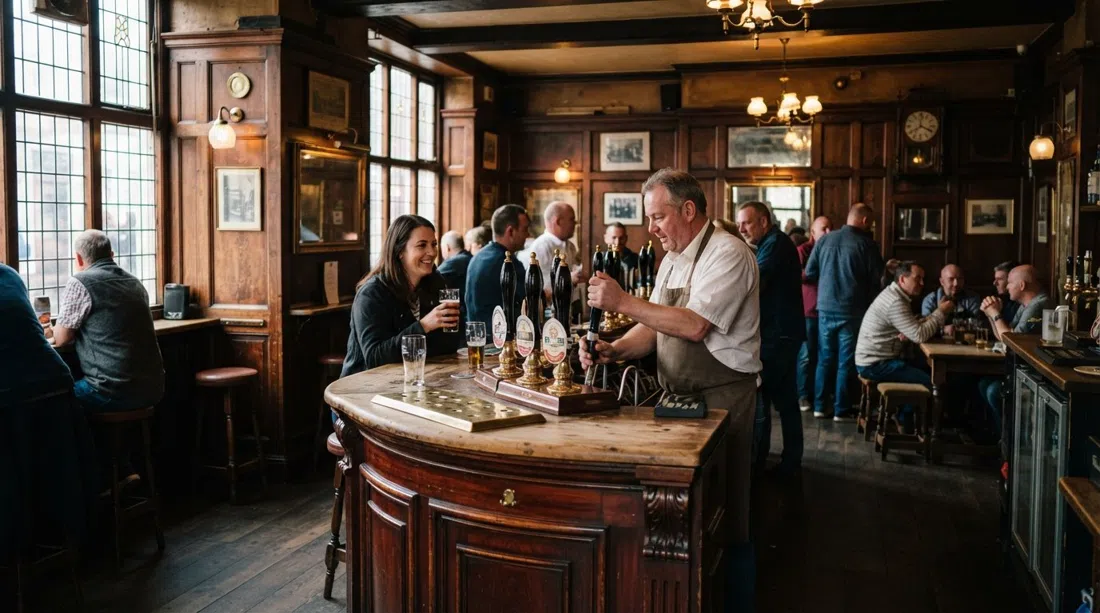 the wood-panelled interior of The Vernon Arms on Dale Street, cask pumps on the bar and warm light catching the timber