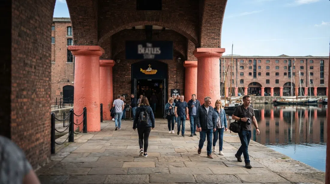 the Beatles Story entrance inside Royal Albert Dock, with visitors under the brick colonnade and reflections on the still water