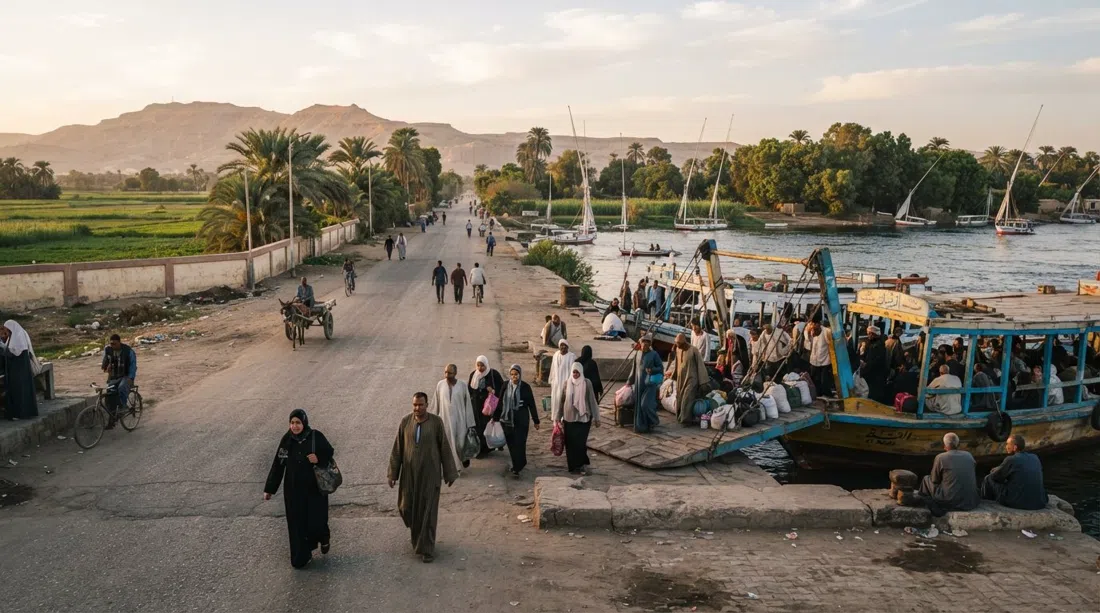 the public ferry landing at Al-Gezira on the West Bank, with the river, a few waiting passengers and the straight road leading inland toward the fields