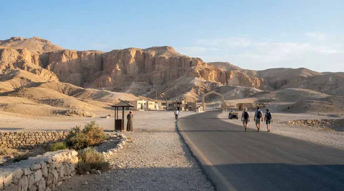 the Valley of the Kings entrance road in early morning light, with desert hills rising beyond and the sense of a site opening before the crowds arrive