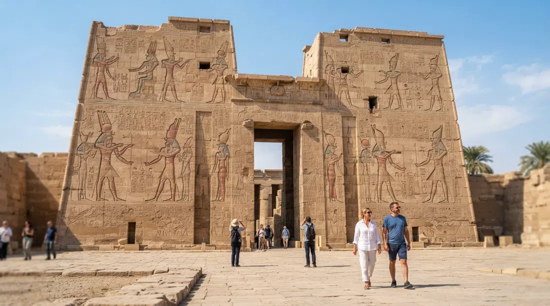 Medinet Habu’s massive pylons and surviving painted reliefs in bright desert sun, with colour still visible on the stone walls
