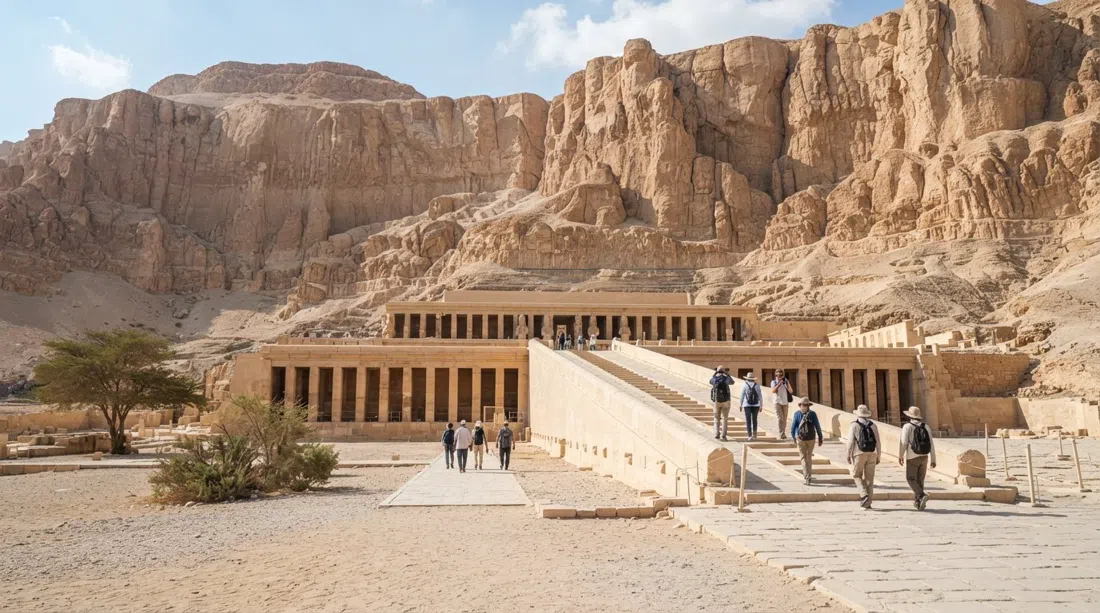 the terraced facade of the Temple of Hatshepsut at Deir el-Bahari framed by steep limestone cliffs under bright West Bank sun