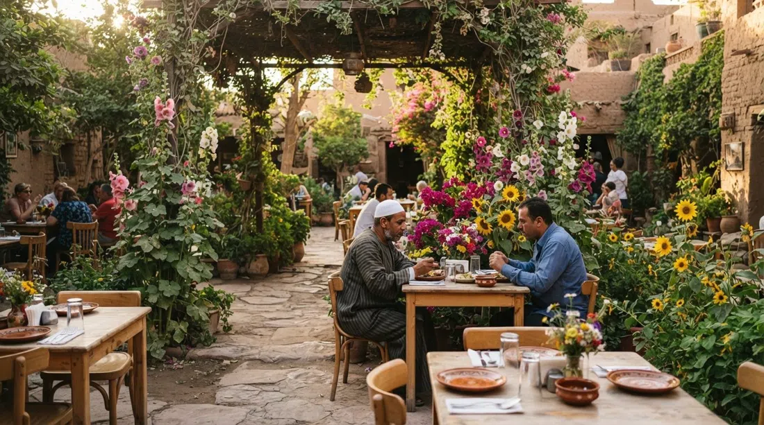 the shaded garden restaurant at Marsam Hotel with hollyhocks, sunflowers and simple tables set for lunch in warm afternoon light