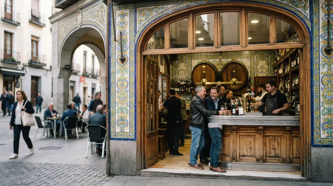 Taberna Ángel Sierra on Plaza de Chueca, tiled bar and oak vats visible through the front windows in late-morning light