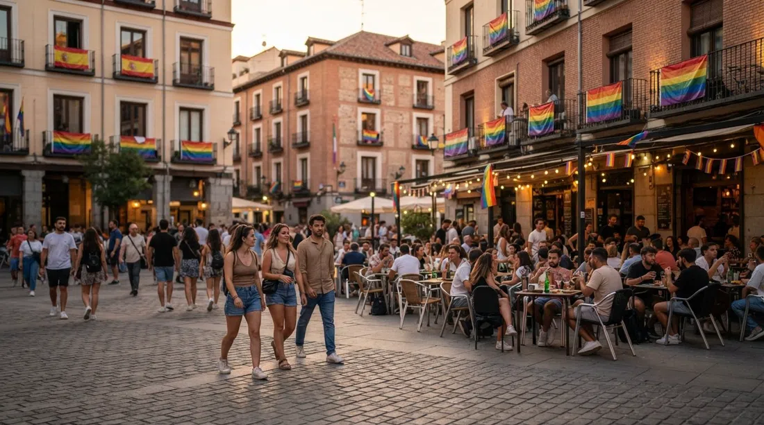 Plaza de Pedro Zerolo in Chueca, rainbow flags and terrace tables under evening light with people crossing the square