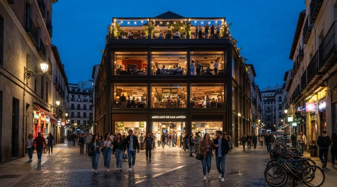 Mercado de San Antón in Chueca, the three-floor market frontage on Calle Augusto Figueroa with rooftop terrace above at dusk
