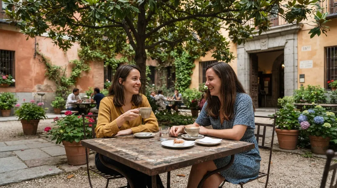 Café del Jardín at the Museo del Romanticismo, a shaded magnolia garden table with coffee cups and palace walls in soft daylight