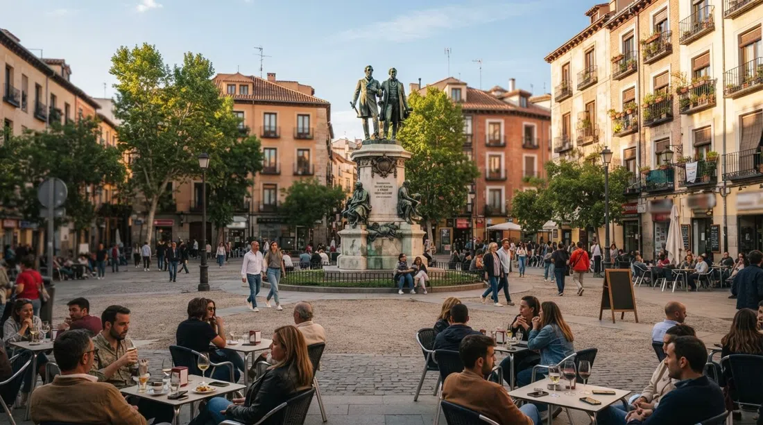 Plaza del Dos de Mayo in Malasaña at late afternoon, the Daoíz and Velarde monument rising from the centre while café tables and pedestrians gather around the square