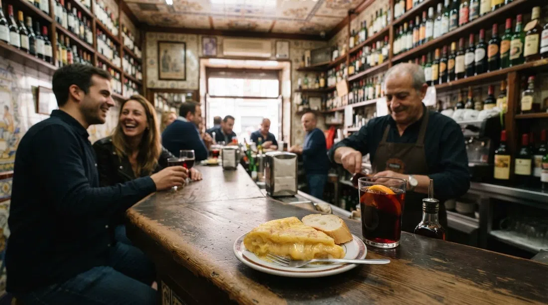 the narrow, bottle-lined bar at Bodega de la Ardosa on Calle Colón, with a slice of runny tortilla de patatas and a glass of vermouth on the counter