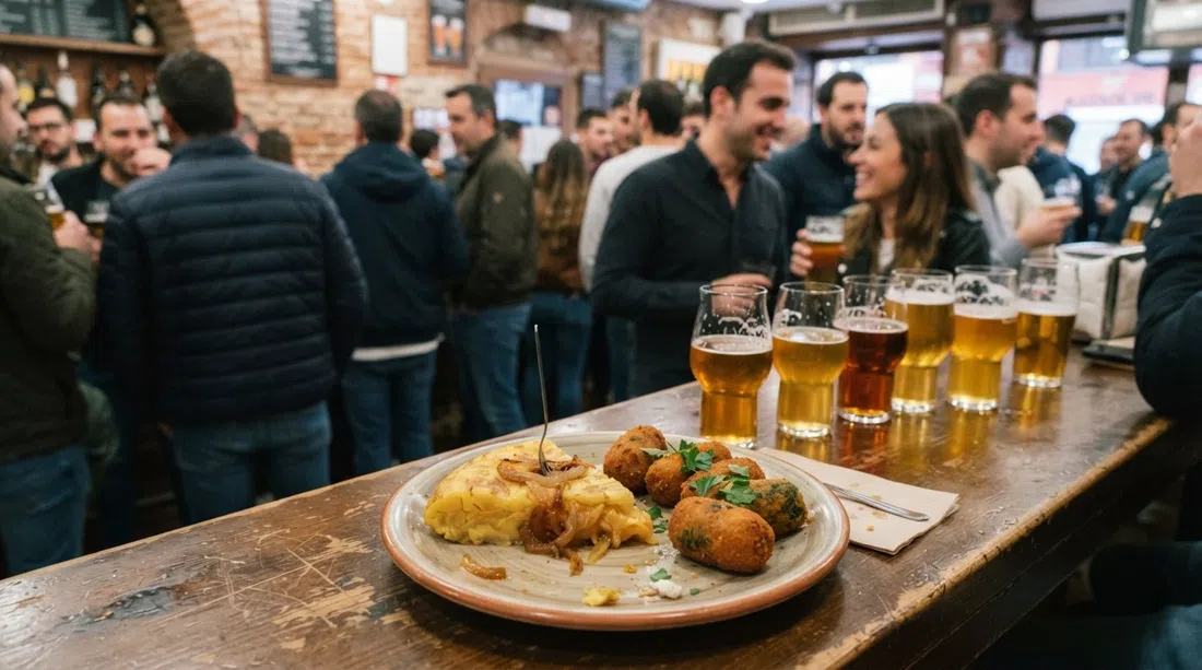 a plate of tortilla and croquetas at Pez Tortilla, with a row of craft beer glasses and the casual, crowded interior behind it