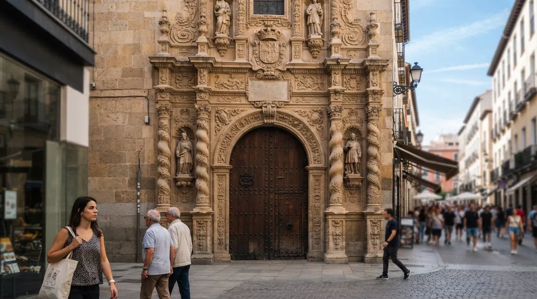 the ornate Baroque doorway of Museo de Historia de Madrid on Calle de Fuencarral, with the carved stone portal framed in daylight