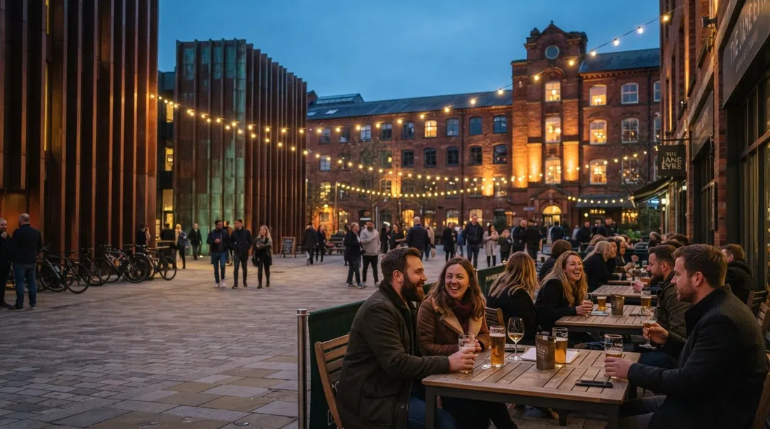 Cutting Room Square in Ancoats at dusk, festoon lights over café tables, the weathered copper monoliths and red-brick mill facades framing the pedestrianised square