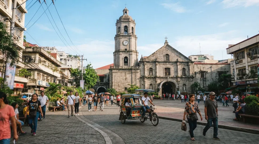 Binondo Church and Plaza San Lorenzo Ruiz in morning light, the granite bell tower rising above the square with pedestrians and pedicabs crossing the foreground