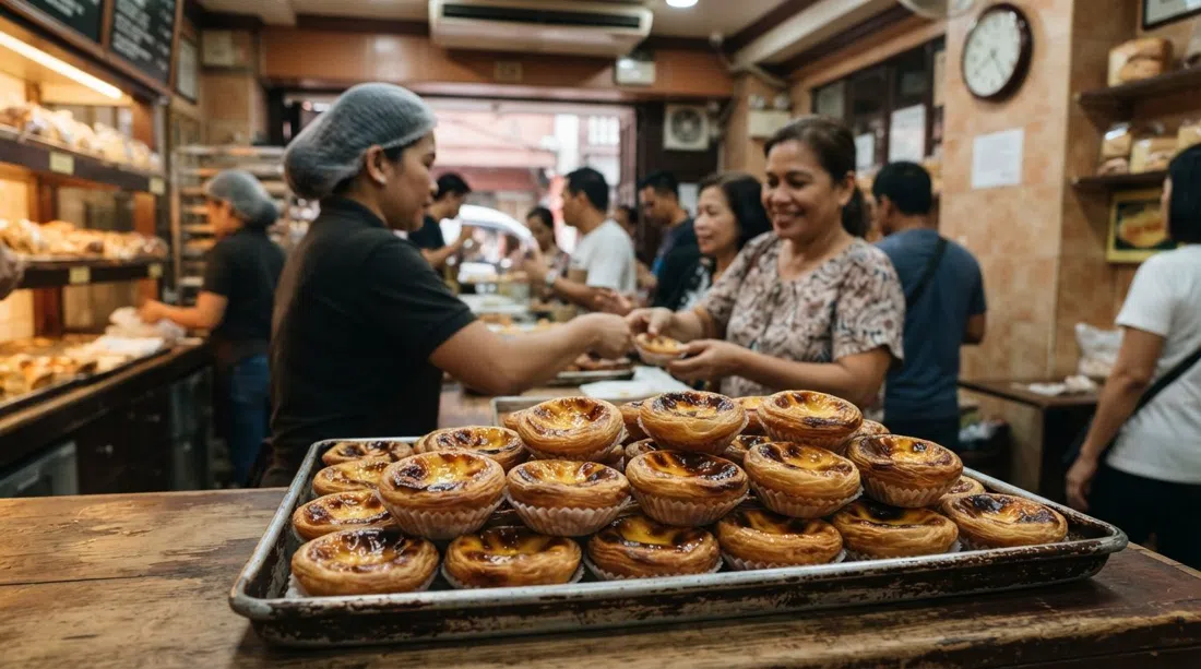 a tray of Macau-style Portuguese egg tarts at Lord Stow's Bakery on Ongpin Street, flaky tops blistered and glossy under warm bakery light