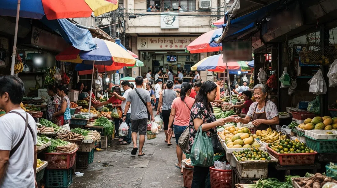 Carvajal Street Umbrella Alley under stretched awnings, fruit and vegetable stalls crowding a narrow lane with New Po Heng Lumpia House visible in the background