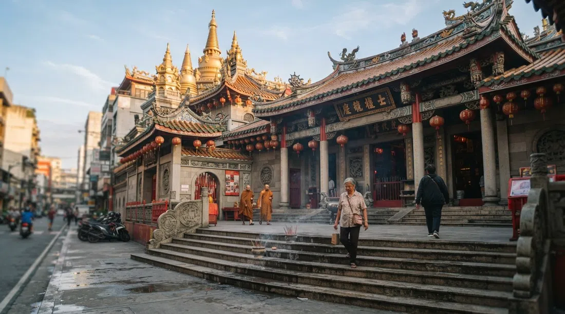Seng Guan Temple on Narra Street in early morning, golden stupas catching soft light above the quiet temple steps