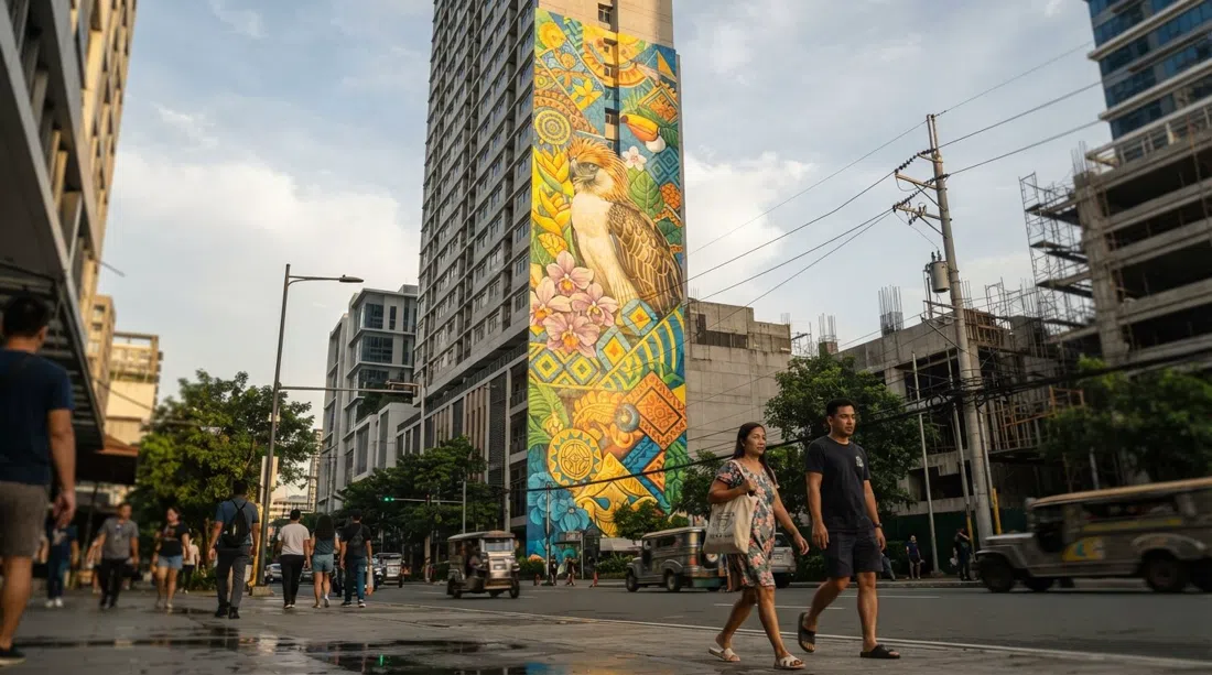 building-scale murals on a BGC tower wall near the Arts Center, bright paint rising above the street at late-afternoon light