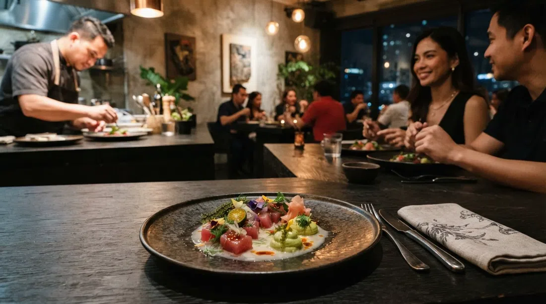 a plated tasting-menu course at Gallery by Chele, precise fine-dining presentation on a dark table under warm restaurant lighting