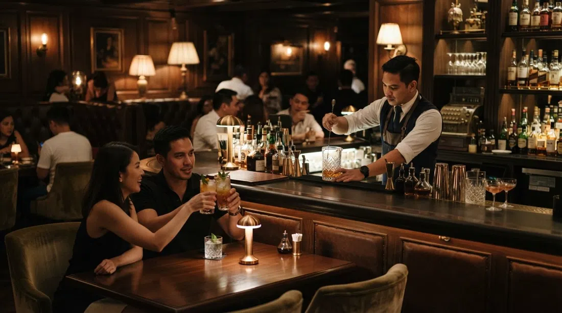the dim, waistcoated interior of The Back Room at Shangri-La The Fort, low lamps and polished cocktail glasses in a 1920s speakeasy mood