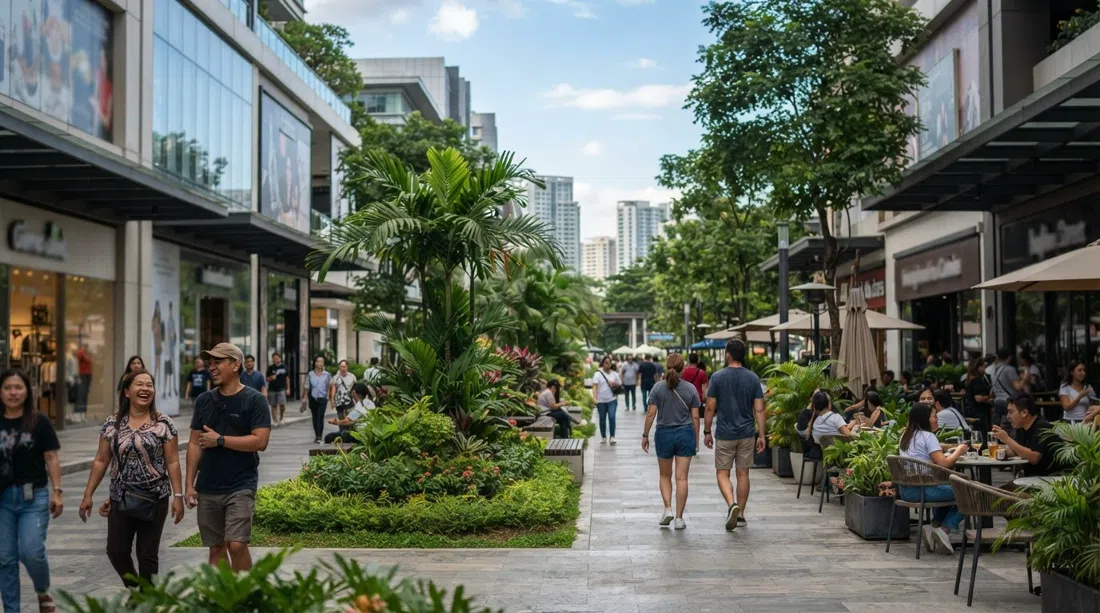 Bonifacio High Street’s open-air promenade at daytime, landscaped median, flagship storefronts and people strolling between cafes