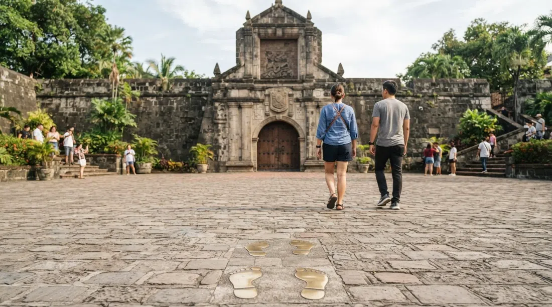 Fort Santiago’s stone gate and courtyard in late morning light, with the brass Rizal footprints visible on the ground and old walls rising behind