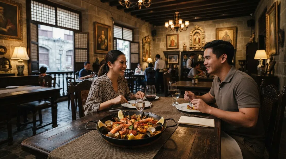 the antique-filled dining room at Ilustrado on Cabildo Street, with a plated Paella Ilustrado on the table and warm heritage lighting