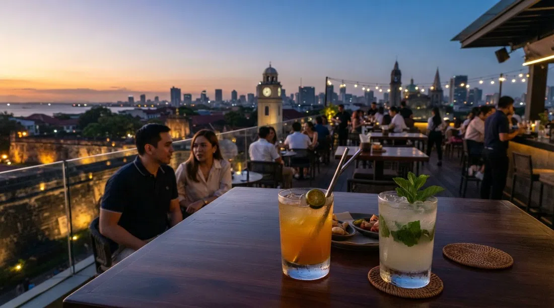 Sky Deck View Bar at sunset atop The Bayleaf, with cocktail glasses in the foreground and the Intramuros walls and Manila skyline spread below