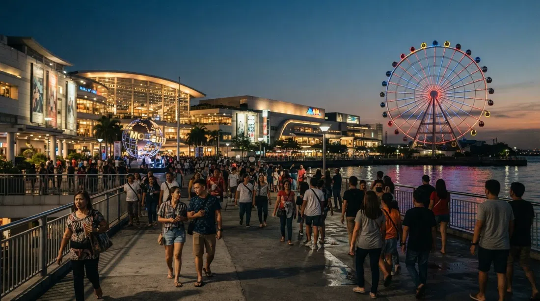 the SM Mall of Asia complex at dusk, broad façades, heavy foot traffic and the MOA Eye glowing above the reclaimed bayfront
