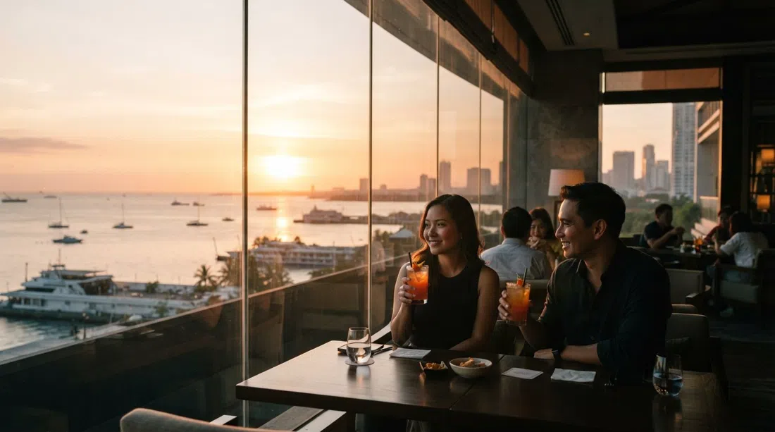 a sunset cocktail at Conrad Manila’s C Lounge, glass walls framing Manila Bay in golden hour light