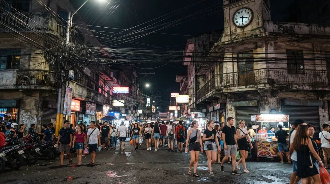 P. Burgos and Felipe Street at night in Poblacion, Manila, with neon signs, dense foot traffic and old low-rise buildings under tangled overhead wires