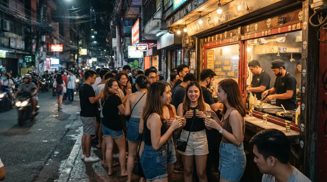 El Chupacabra’s sidewalk taco window on Felipe Street, Manila, with a crowded evening queue, tequila shots and streetlight glow