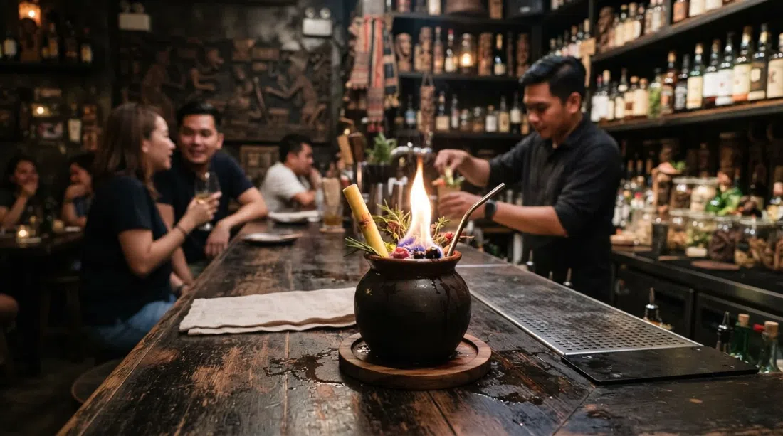 Agimat Foraging Bar and Kitchen on Alfonso Street in Poblacion, Manila, with a flaming folklore-inspired cocktail on a dark bar top
