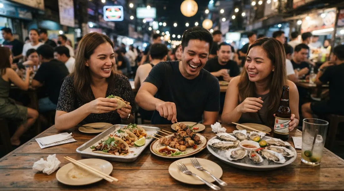 a Poblacion food-and-bar crawl table scene, with tacos from El Chupacabra, yakitori from Tambai and oysters from Wantusawa under warm Manila night lighting