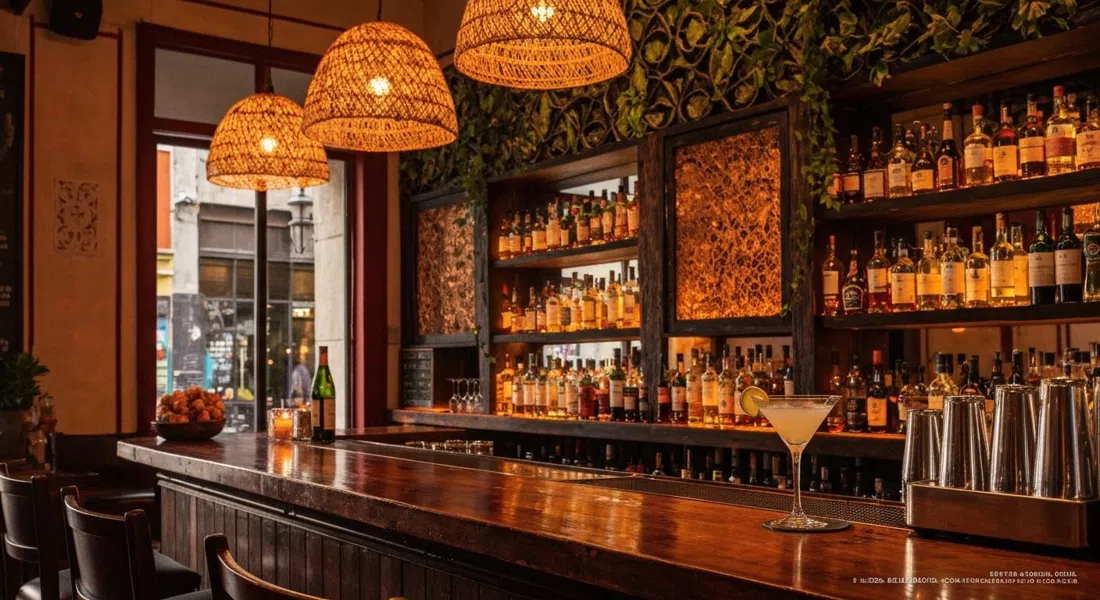 Baltra Bar’s intimate cocktail room in Condesa, warm lighting, Galápagos-inspired decor and a martini on the bar