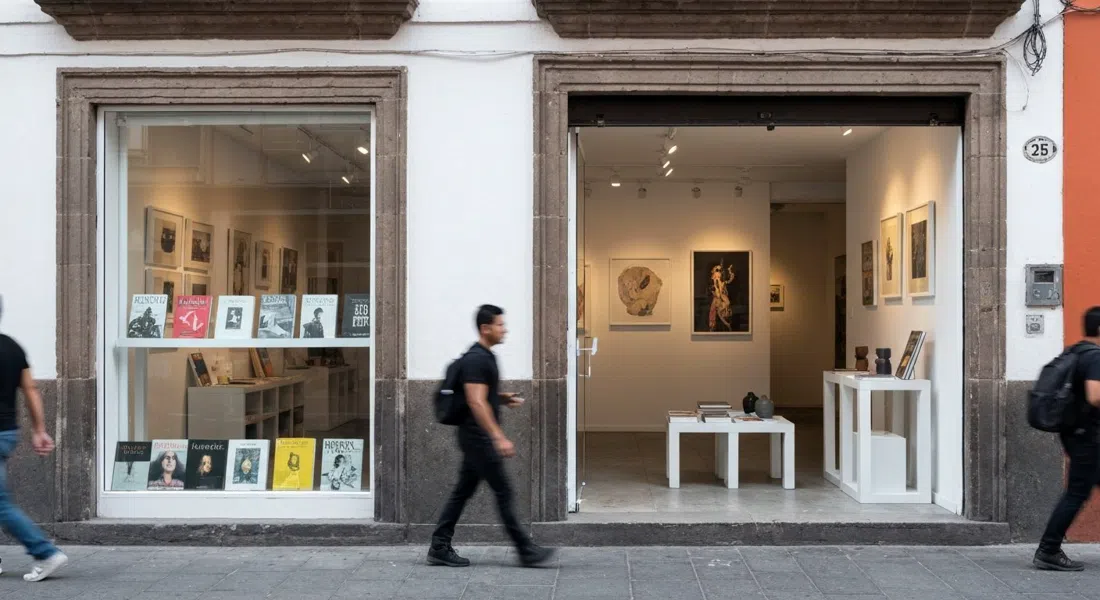 Casa Bosques on Córdoba 25, with a minimalist storefront, art books in the window and design objects arranged like a small gallery