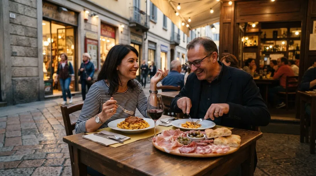 a warmly lit table at Trattoria Torre di Pisa on Via Fiori Chiari 21, with hand-cut pasta, charcuterie and 1960s shopfront details in view