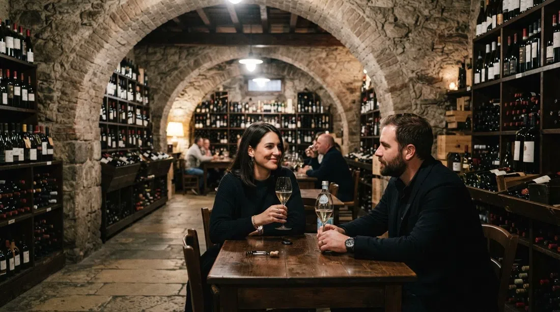the vaulted cellar interior of N’Ombra de Vin at Via San Marco 2, with rows of wine bottles, stone arches and a glass of Franciacorta on the table