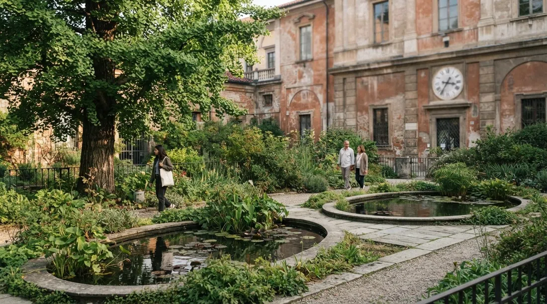 the Orto Botanico di Brera with its two elliptical ponds and ancient ginkgo trees, seen in soft morning light behind the museum walls