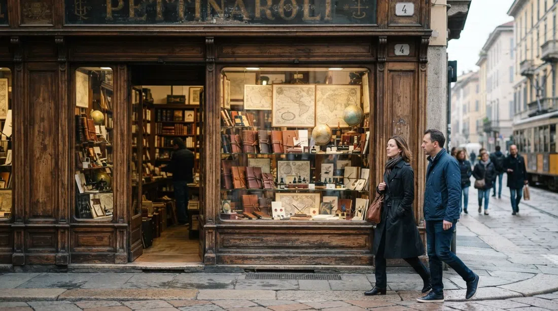 the historic storefront of Pettinaroli on Via Brera 4, with leather journals, inks and antique maps displayed in the window