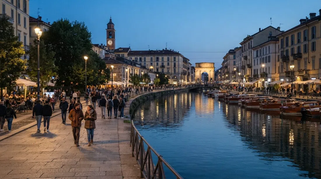 the Darsena promenade at dusk in Milan, with the restored basin water, people walking along the edge and reflections from canal-side lights