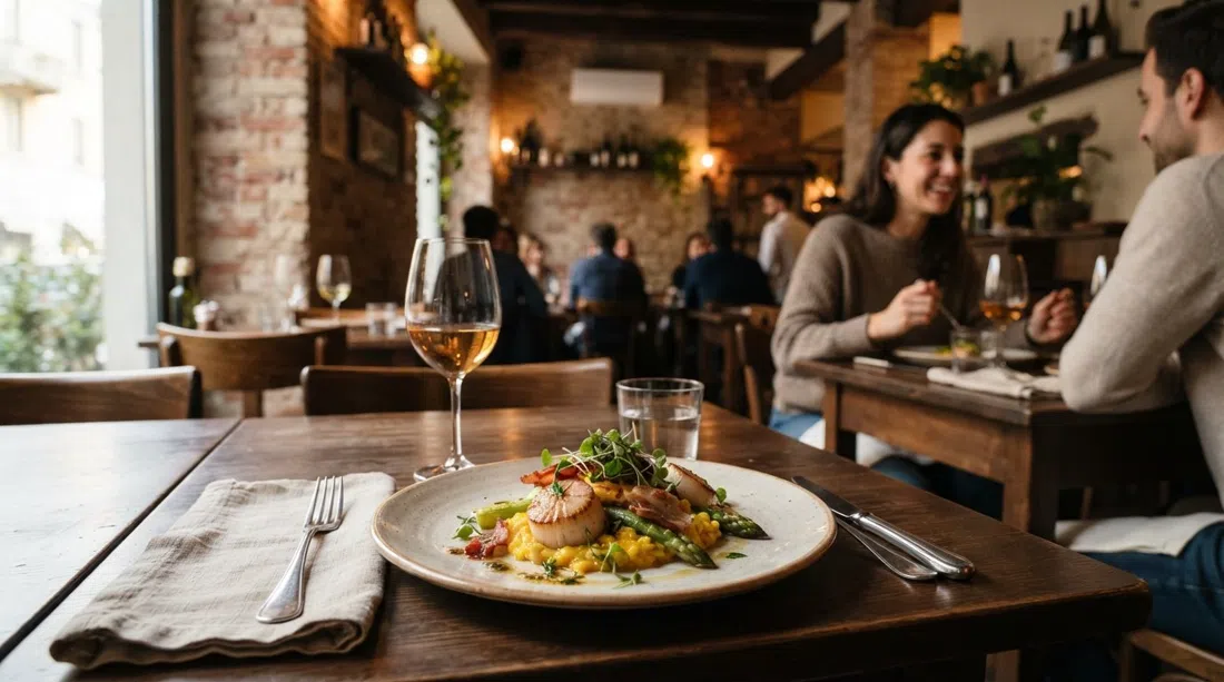 a plated tasting-menu dish at 28 Posti on Via Corsico, fine-dining Mediterranean cooking on a small table in a warm, intimate dining room